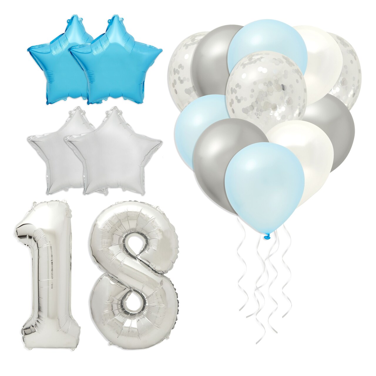 18th Birthday Balloons, Silver Number 18, Stars Party Decorations (Blue, 46 Pieces)